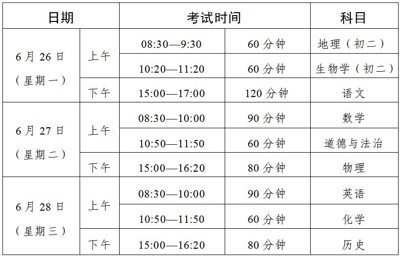 广东佛山中考时间2023年具体时间安排：6月26日-28日