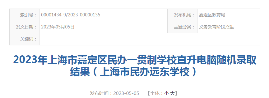 2023年上海市嘉定区民办一贯制学校直升电脑随机录取结果（上海市民办远东学校）