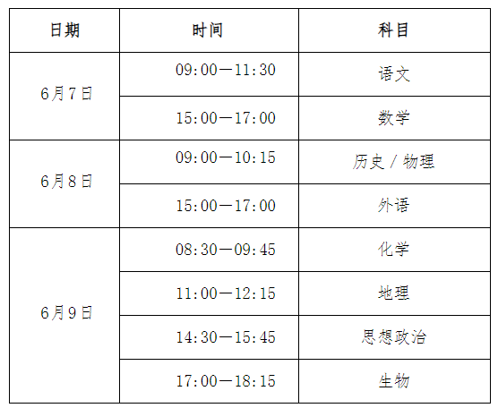 河北邯郸高考时间2023年具体时间表（6月7日-6月9日）