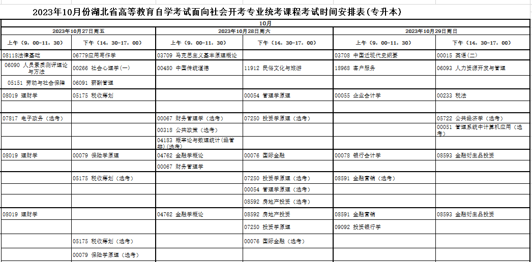 湖北黄石2023年10月自考时间：10月27日至29日