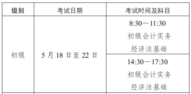 2024年四川宜宾初级会计职称考试时间及科目：5月18日至22日