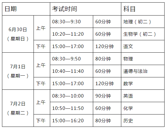 2024年广东中山中考时间：6月30日-7月2日