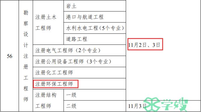 2024年内蒙古注册环保工程师考试时间：11月2-3日