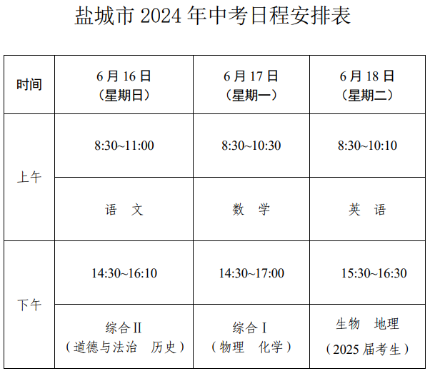 2024年江苏盐城中考时间安排表（在6月16日至18日）