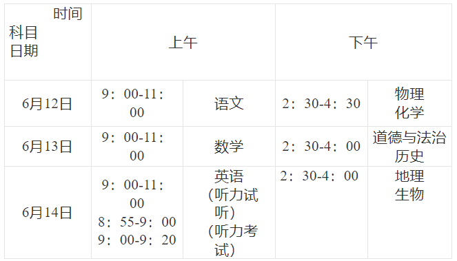 重庆万州中考时间2024年时间表：6月12日-6月14日