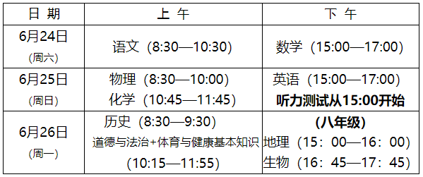 2023年福建南平中考时间：6月24日-26日