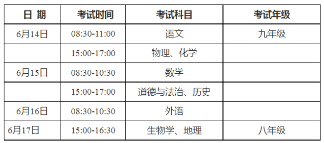 2023年安徽滁州中考时间安排：6月14日至16日