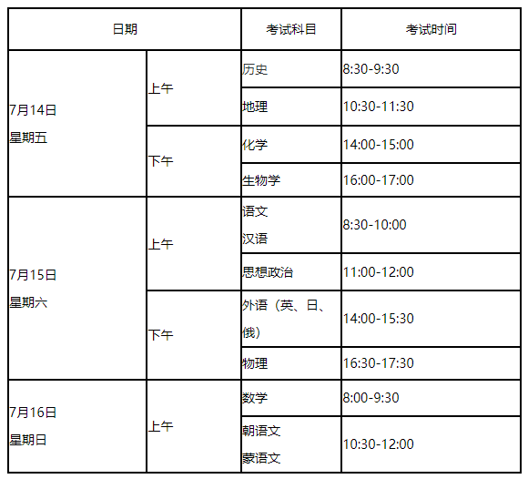 2023年7月辽宁朝阳普通高中学业水平合格性考试时间：7月14日至16日