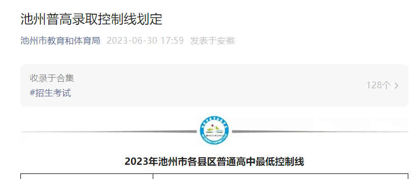 2023年安徽池州中考普高录取控制分数线划定