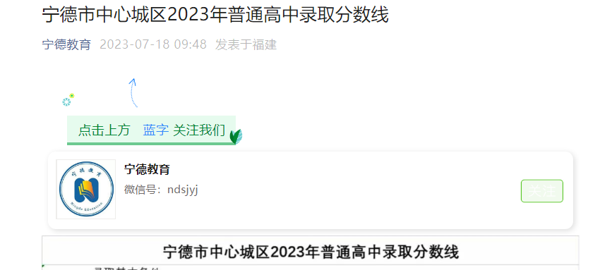 2023年福建宁德市中心城区普通高中录取分数线公布