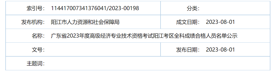 2023广东阳江高级经济师成绩合格人员名单公示时间：8月1日-14日