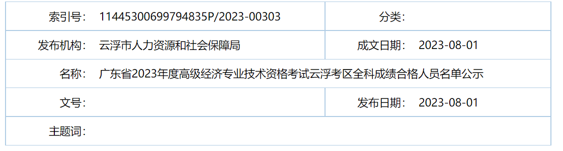 2023年广东云浮高级经济师考试成绩合格人员公示时间：8月1日至14日