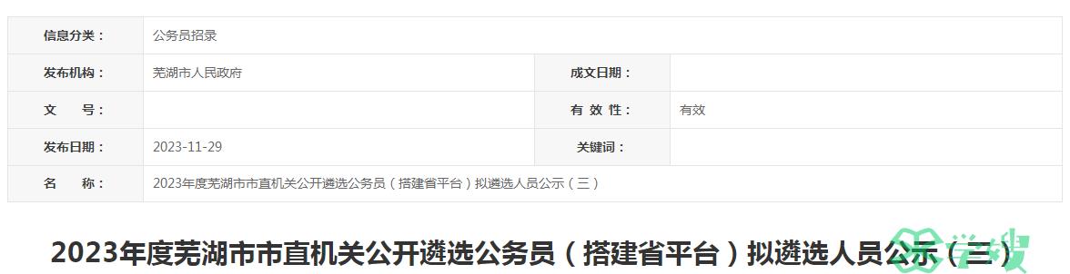 2023年安徽省芜湖市市直机关公开遴选公务员名单（三）公示时间：11月29日至12月5日