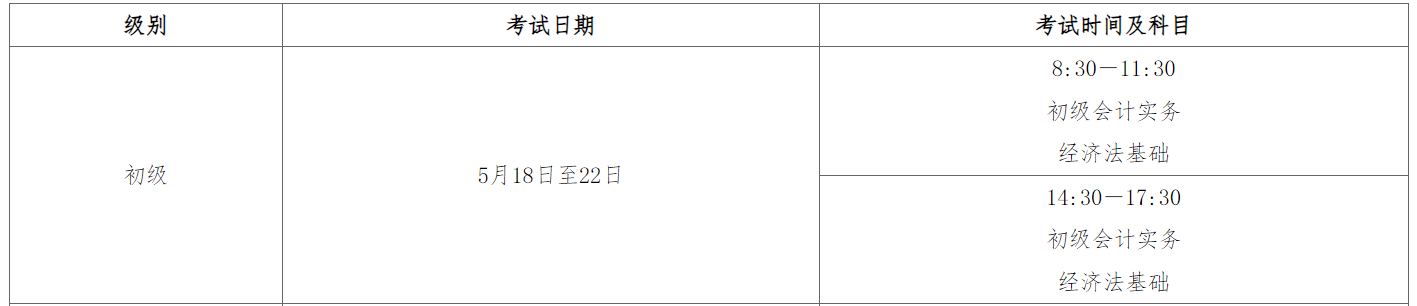 2024年河北张家口初级会计师考试时间：5月18日至22日