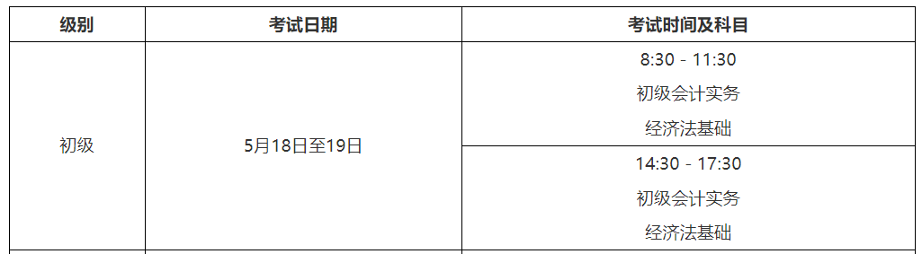 2024年福建泉州初级会计职称考试时间及科目：5月18日至19日