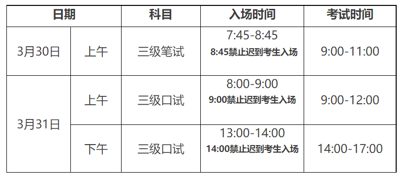 2024上半年北京公共英语等级考试时间、科目、开考级别及考点安排（3月30日-31日）