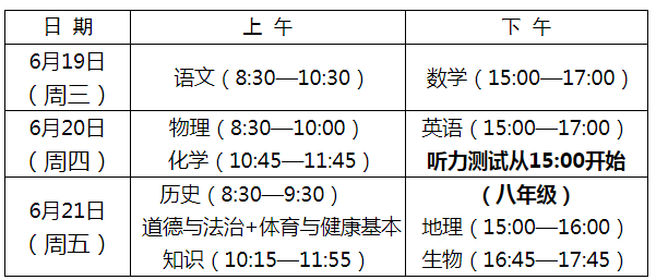 2024年福建南平中考时间及科目安排（6月19日-21日）