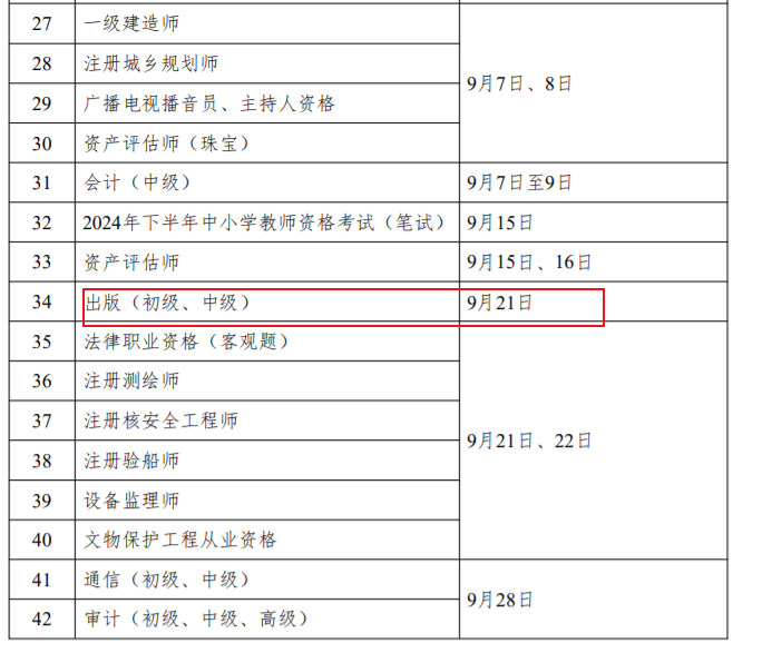 2024年出版专业技术人员职业资格考试时间：9月21日（初级和中级）