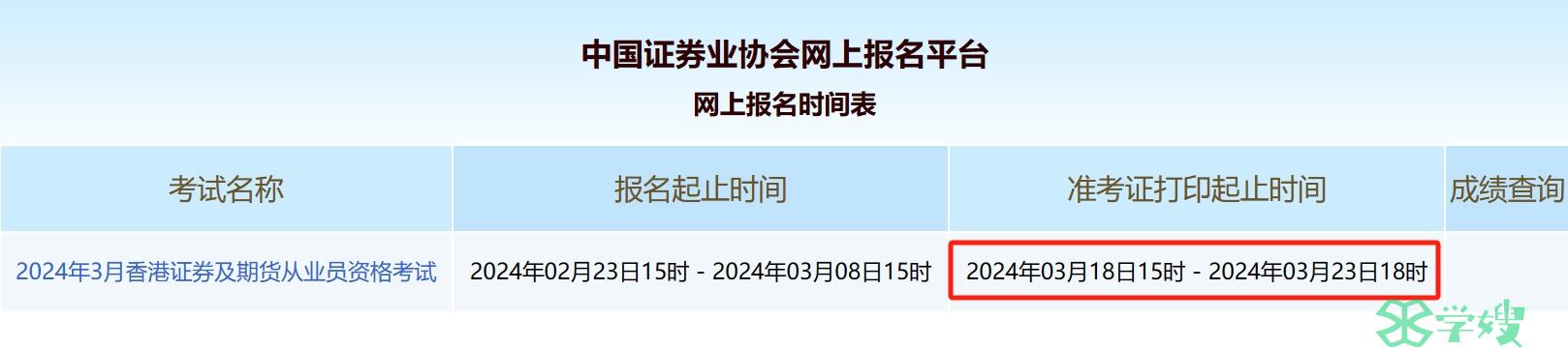 2024年3月香港证券从业资格证准考证打印时间：3月22日15时起