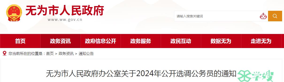 2024年安徽省无为市人民政府办公室公开选调公务员职位表已公布