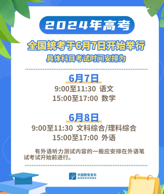 内蒙古高考时间2024年具体时间科目安排