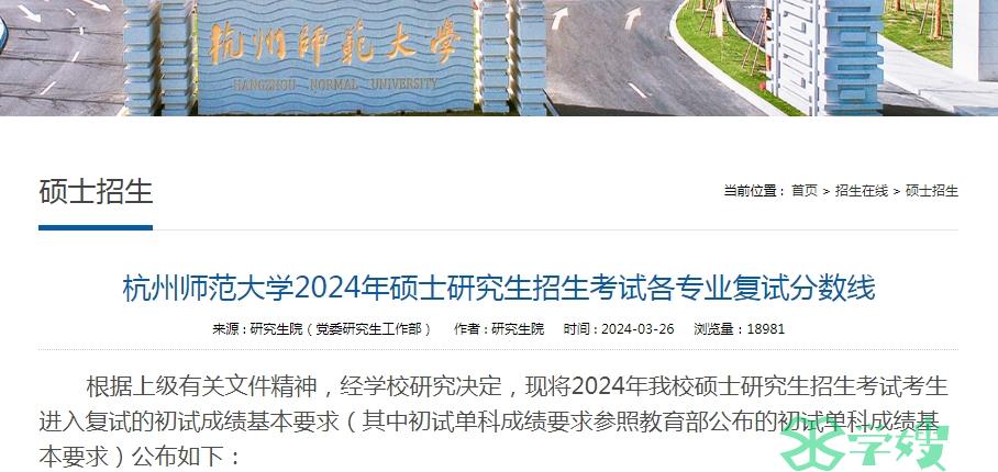 杭州师范大学2024年考研复试分数线已发布