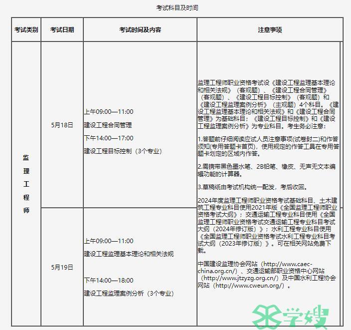 2024年吉林监理工程师考试时间及科目