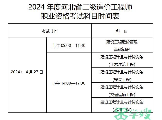 2024河北省二级造价工程师考试时间表