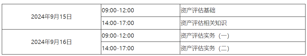 2024年资产评估师时间及科目：9月15日-16日