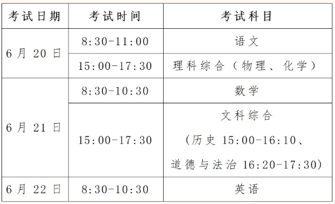 山西太原中考时间2024年时间表（6月20日-22日）