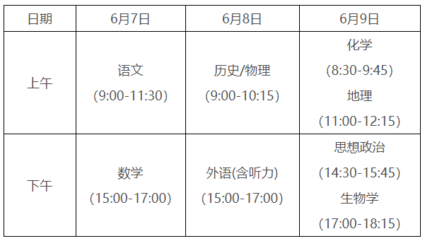 2024年安徽宣城高考时间：6月7日-9日